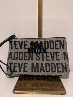 Steve Madden Black and Cream Logo Wristlet Pouch